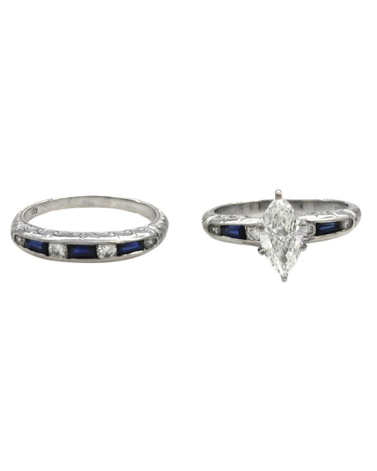 GIA Certified Marquise Cut Diamond and Blue Sapphire Engagement Set in Platinum